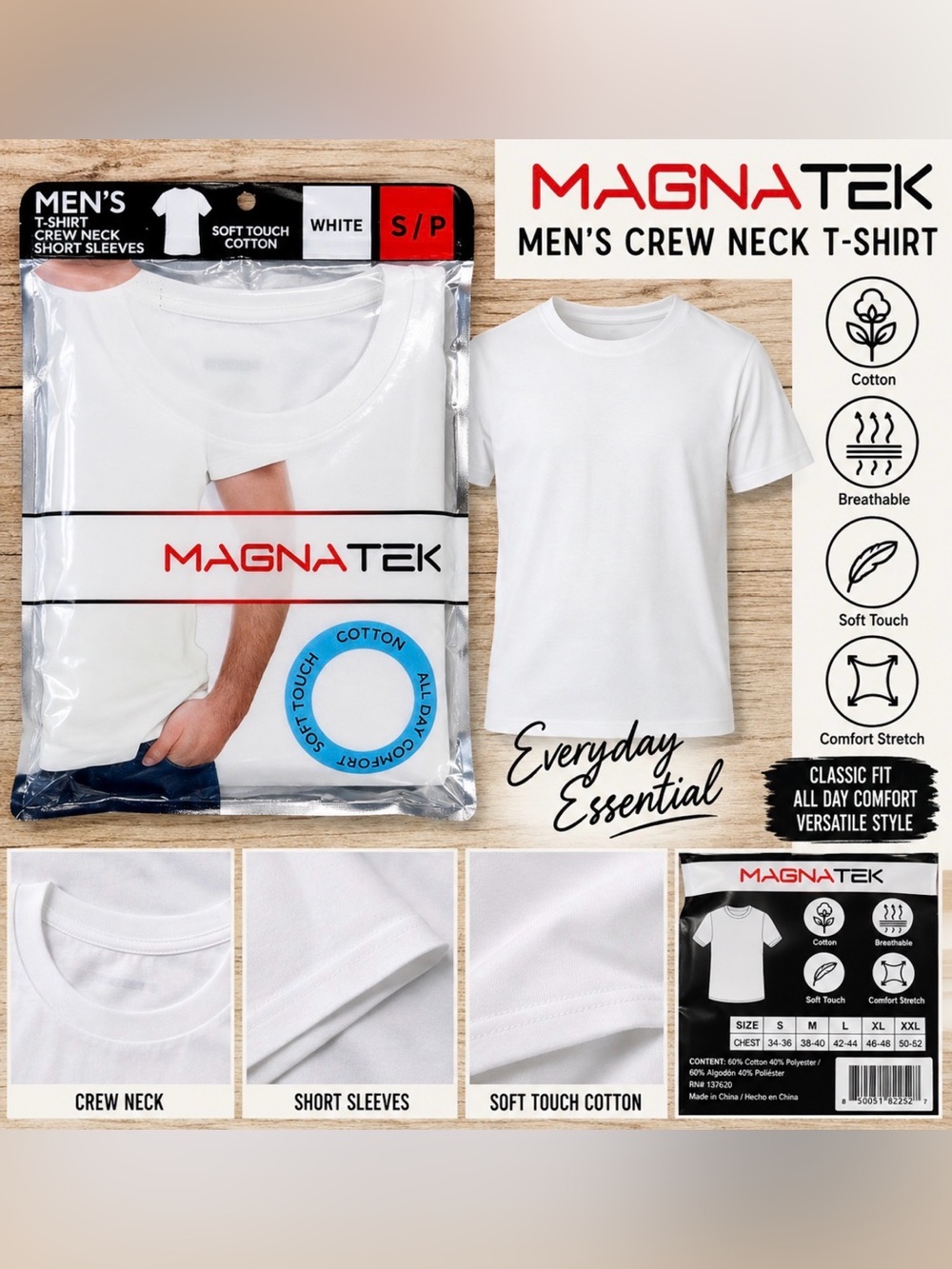 MAGNATEK Men’s White Crew Neck T-Shirt – Size Small – NEW